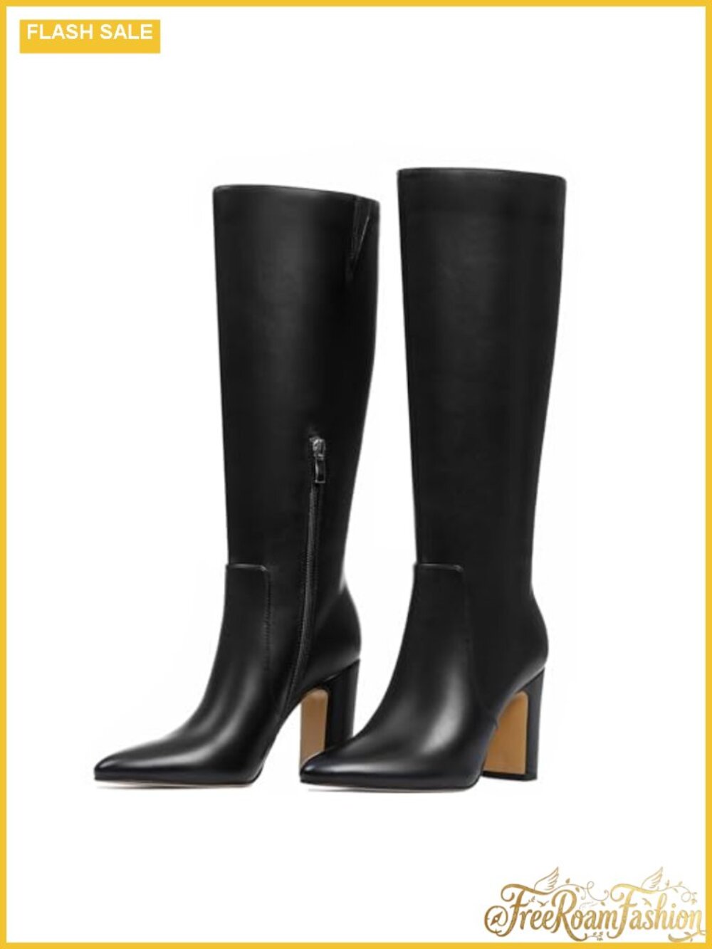 Women's Knee-High Boots Chunky Heel Pointed Toe Side Zip Leather Wide Calf